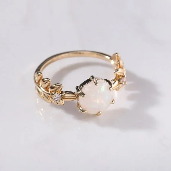 ✨Dainty Opal CZ Gold Plated Beautiful Fashion Leaf Trendy Ring Women, UNVN12038 - Picture 1 of 4